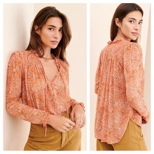 Free people sheer orange floral‎ blouse small
